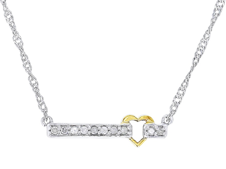 Pre-Owned White Diamond Rhodium And 18k Yellow Gold Over Sterling Silver Heart Necklace 0.10ctw