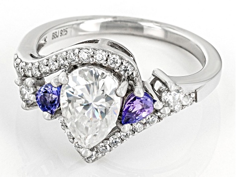 Pre-Owned Moissanite And Tanzanite Platineve Bypass Ring 1.86ctw DEW.