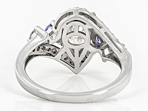 Pre-Owned Moissanite And Tanzanite Platineve Bypass Ring 1.86ctw DEW.