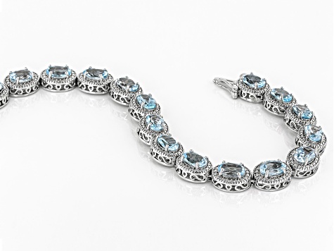 Pre-Owned Sky Blue Topaz With Diamond Accent Rhodium Over Sterling Silver Tennis Bracelet 15.18ctw