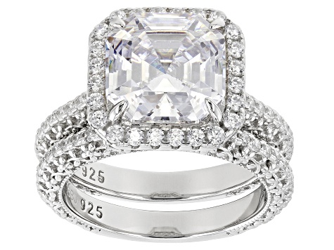 Pre-Owned White Cubic Zirconia Platinum Over Sterling Silver Asscher Cut Ring With Band 9.52ctw