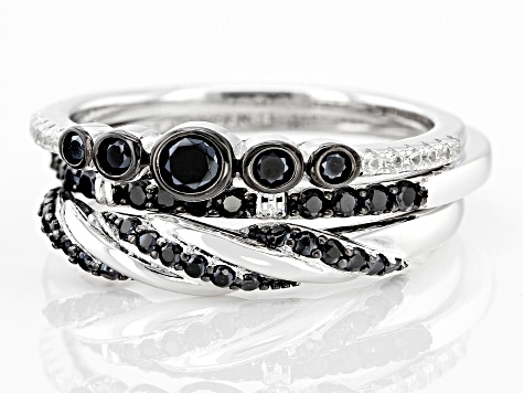 Pre-Owned Black Spinel Rhodium Over Sterling Silver Ring Set 0.79ctw