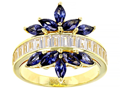 Pre-Owned Blue And White Cubic Zirconia 18k Yellow Gold Over Sterling Silver Ring 3.55ctw