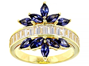 Pre-Owned Blue And White Cubic Zirconia 18k Yellow Gold Over Sterling Silver Ring 3.55ctw