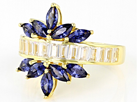 Pre-Owned Blue And White Cubic Zirconia 18k Yellow Gold Over Sterling Silver Ring 3.55ctw