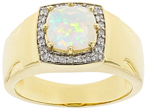 Pre-Owned Multi Color Square Cushion Ethiopian Opal 10k Yellow Gold Men's Ring 1.15ctw