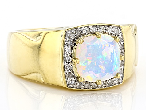 Pre-Owned Multi Color Square Cushion Ethiopian Opal 10k Yellow Gold Men's Ring 1.15ctw