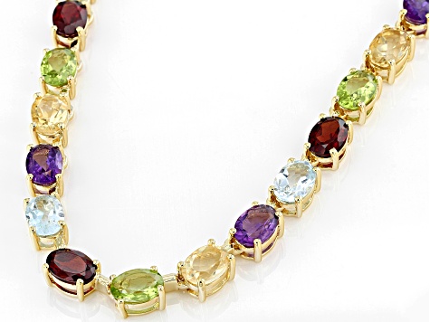 Pre-Owned Multi-Gemstone 18K Yellow Gold Over Sterling Silver Tennis Necklace 38.68ctw