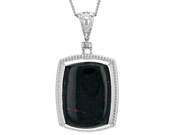 Picture of Pre-Owned Green Bloodstone Rhodium Over Sterling Silver Men's Pendant With Chain