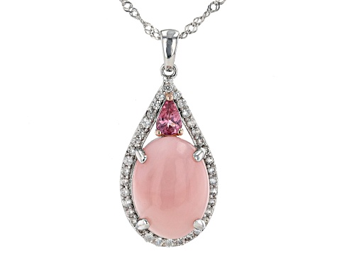 Pre-Owned 16x12mm Pink Opal With Pink Spinel And White Zircon Rhodium Over Silver Pendant With Chain