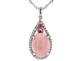 Pre-Owned 16x12mm Pink Opal With Pink Spinel And White Zircon Rhodium Over Silver Pendant With Chain