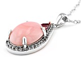 Pre-Owned 16x12mm Pink Opal With Pink Spinel And White Zircon Rhodium Over Silver Pendant With Chain