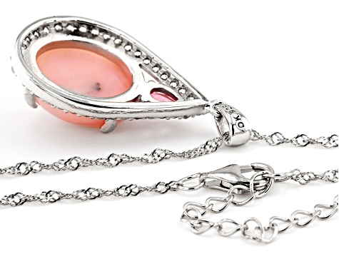Pre-Owned 16x12mm Pink Opal With Pink Spinel And White Zircon Rhodium Over Silver Pendant With Chain