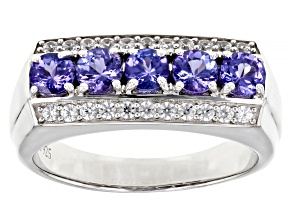 Pre-Owned Blue Tanzanite With White Zircon Rhodium Over Sterling Silver Men's Ring 1.68ctw