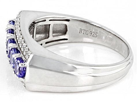 Pre-Owned Blue Tanzanite With White Zircon Rhodium Over Sterling Silver Men's Ring 1.68ctw