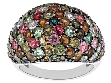 Picture of Pre-Owned Multicolor Tourmaline Rhodium Over Sterling Silver Ring 5.08ctw