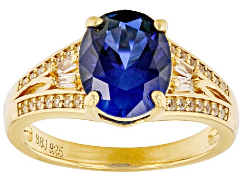 Pre-Owned Blue Lab Created Sapphire 18k Yellow Gold Over Sterling Silver Ring 3.07ctw