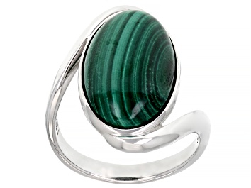 Picture of Pre-Owned Green Malachite Rhodium Over Sterling Silver Bypass Solitaire Ring