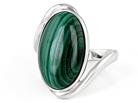 Pre-Owned Green Malachite Rhodium Over Sterling Silver Bypass Solitaire Ring