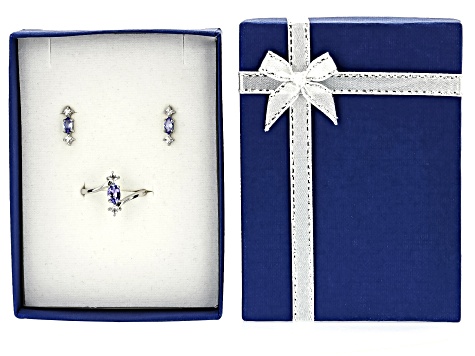 Pre-Owned Blue Tanzanite Rhodium Over Silver Ring, Earrings Set 1.13ctw