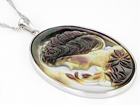 Pre-Owned Platinum Tahitian Mother-of-Pearl Sterling Silver Cameo Pendant with Chain