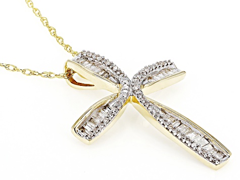 Pre-Owned White Diamond 10k Yellow Gold Cross Slide Pendant With 18" Rope Chain 0.55ctw