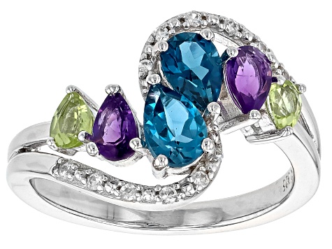 Pre-Owned Multi Gem Rhodium Over Sterling Silver Ring 1.56ctw
