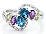 Pre-Owned Multi Gem Rhodium Over Sterling Silver Ring 1.56ctw