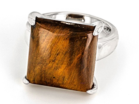 Pre-Owned Brown Tiger's Eye Rhodium Over Sterling Silver Solitaire Ring