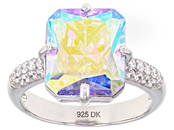 Picture of Pre-Owned Aurora Borealis And White Cubic Zirconia Rhodium Over Sterling Silver Ring 10.35ctw