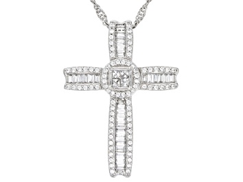 Picture of Pre-Owned White Cubic Zirconia Platinum Over Sterling Silver Cross Pendant With Chain 1.10ctw