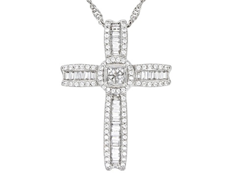 Pre-Owned White Cubic Zirconia Platinum Over Sterling Silver Cross Pendant With Chain 1.10ctw