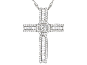 Pre-Owned White Cubic Zirconia Platinum Over Sterling Silver Cross Pendant With Chain 1.10ctw