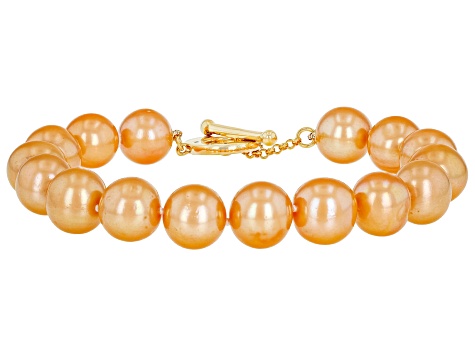 Pre-Owned Peach Cultured Freshwater Pearl & Champagne Diamond 18k Yellow Gold Over Silver Bracelet 0
