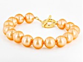 Pre-Owned Peach Cultured Freshwater Pearl & Champagne Diamond 18k Yellow Gold Over Silver Bracelet 0
