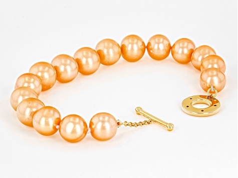 Pre-Owned Peach Cultured Freshwater Pearl & Champagne Diamond 18k Yellow Gold Over Silver Bracelet 0