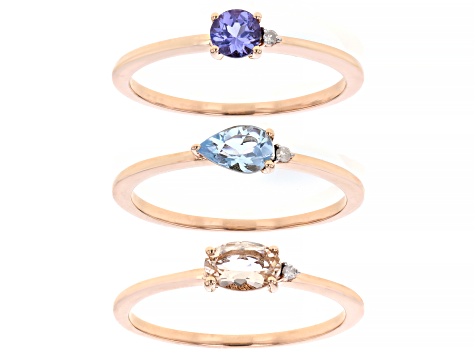 Pre-Owned Blue Tanzanite 10k Rose Gold Ring Set Of 3 0.84ctw