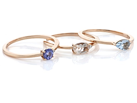 Pre-Owned Blue Tanzanite 10k Rose Gold Ring Set Of 3 0.84ctw