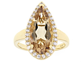 Picture of Pre-Owned Champagne Quartz & White Zircon 18k Yellow Gold Over Silver Ring 4.86ctw