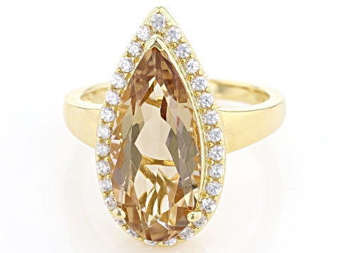 Pre-Owned Champagne Quartz & White Zircon 18k Yellow Gold Over Silver Ring 4.86ctw