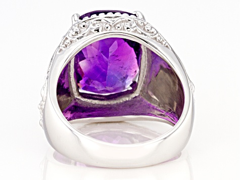 Pre-Owned Purple African Amethyst Rhodium Over Silver Mens Ring 9.45ct