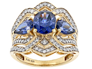 Picture of Pre-Owned Blue And White Cubic Zirconia 18k Yellow Gold Over Sterling Silver Ring 5.75ctw