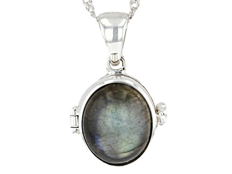 Pre-Owned Gray Labradorite Sterling Silver Prayer Box Pendant With Chain