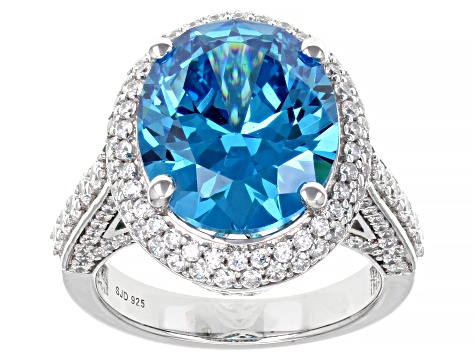 Pre-Owned Blue And White Cubic Zirconia Rhodium Over Sterling Silver Ring 14.39ctw