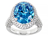 Pre-Owned Blue And White Cubic Zirconia Rhodium Over Sterling Silver Ring 14.39ctw