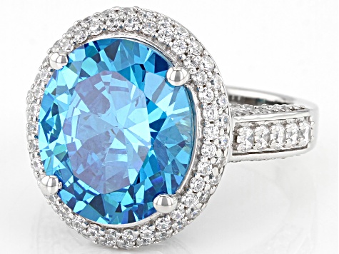 Pre-Owned Blue And White Cubic Zirconia Rhodium Over Sterling Silver Ring 14.39ctw