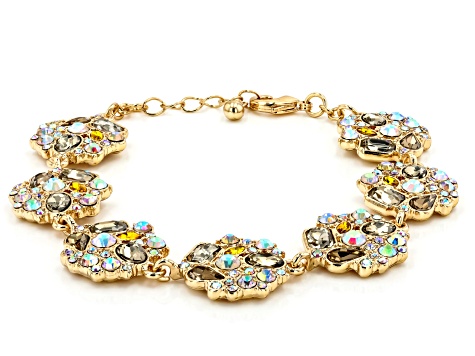 Pre-Owned White Iridescent and Champagne Crystal Gold Tone Station Bracelet