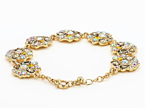 Pre-Owned White Iridescent and Champagne Crystal Gold Tone Station Bracelet