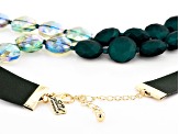 Pre-Owned Green Bead Gold Tone And Imitation Leather Asymmetrical Double Strand Necklace
