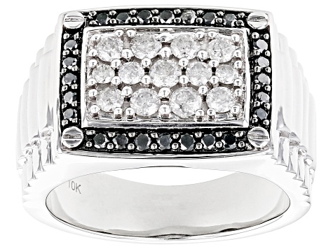 Pre-Owned Black And White Diamond 10k White Gold Mens Cluster Ring 1.00ctw